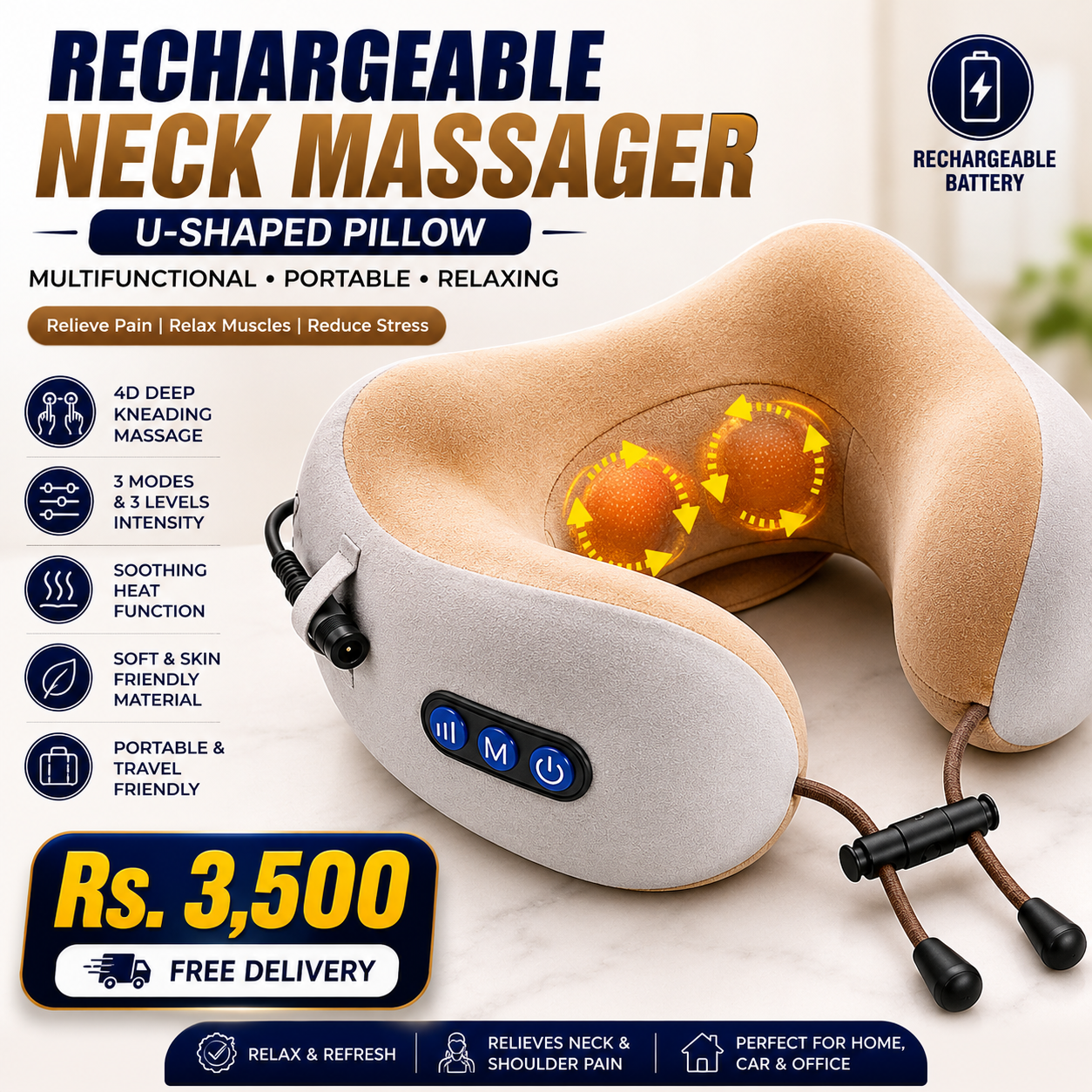 Rechargeable Neck Massager Pillow – Deep Tissue Heat Therapy for Neck & Shoulder Pain Relief