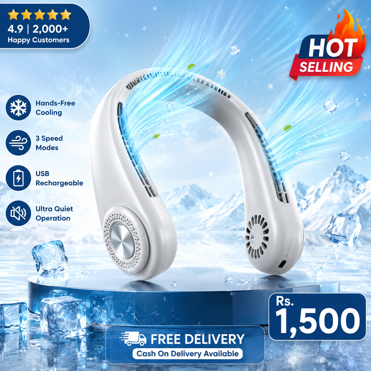 Portable Rechargeable Neck Fan – Hands-Free Cooling Fan | 3 Speed USB Cooling